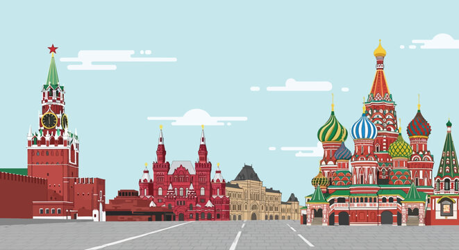 Pixelated Moscow Skyline: Kremlin, St. Basil's Cathedral, Red Square Landmark