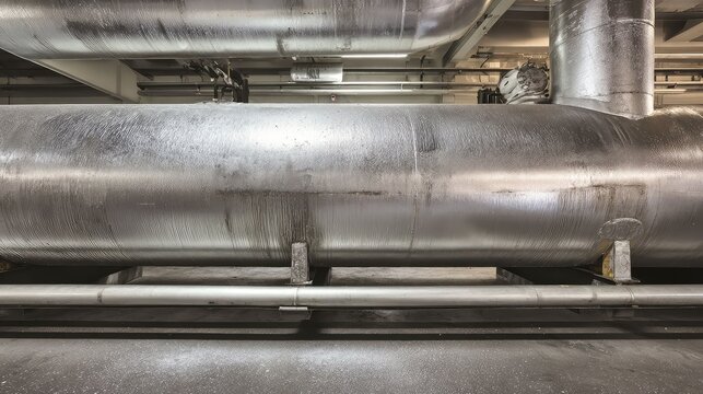 Industrial insulated metal pipes and ventilation ducts forming utility infrastructure within a large scale facility for heating, cooling, or power generation systems