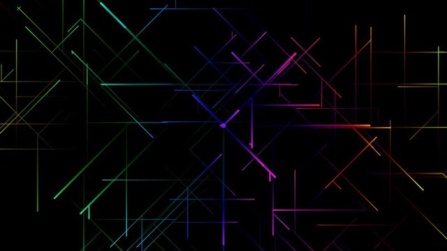 Abstract neon background of glowing geometric lines and laser crosshairs on black. Geometric neon animation with spectral communication lines on dark.