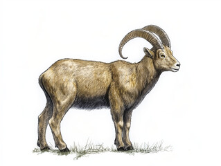 Obraz premium Majestic alpine mammal illustration on clean white background, showcasing detailed fur texture and magnificent curved horns, capturing the strength and wild beauty of mountain wildlife. Perfect for ed