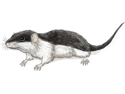 Detailed wildlife illustration of a small bicolored shrew with black fur on its back and white fur on its belly, featuring fine lines and intricate texture on a clean white background, perfect for edu