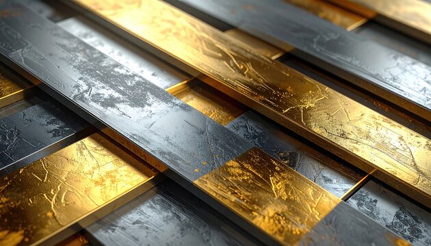 Intersecting metallic strips, gold and silver, with textured surfaces and warm lighting