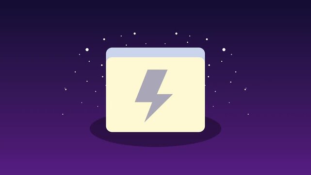 Minimalist digital folder icon with green lightning bolt symbol flashing on purple gradient background.