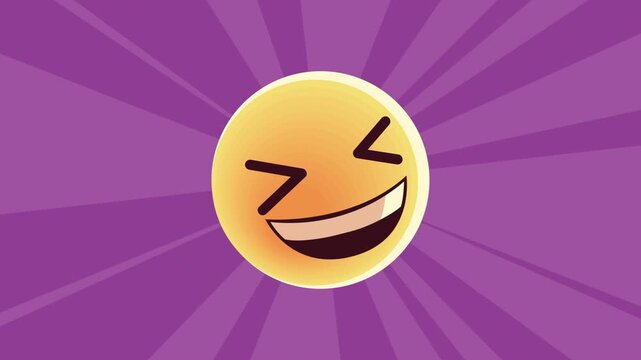 Animated laughing emoji with squinting eyes on purple radial sunburst background in cinematic motion clip.