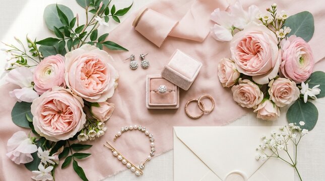 Elegant Wedding Rings, Diamond Earrings, Pearl Bracelet, Roses, and Invitation on Pink Fabric