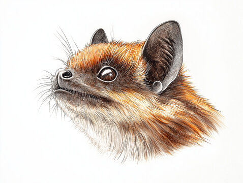 Detailed close-up illustration of a small bat's head, showcasing intricate fur textures, expressive dark eyes, prominent whiskers, and large distinctive ears against a clean white background. Nature a