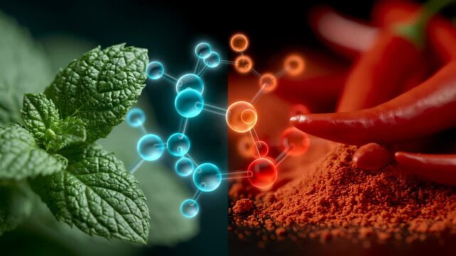 Mint leaves and red chili peppers with molecular structures illustrating flavor chemistry in a visually striking split composition against a dark background