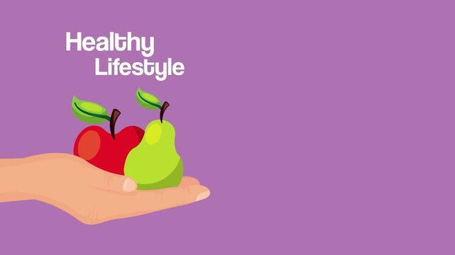 Flat animation of hand holding fresh apple and pear for healthy lifestyle concept on purple background.