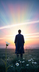 Obraz premium Back view of person in field with daisy flowers, gazing at colorful sunset sky with radiating light, embodying introspection and serenity