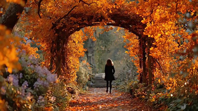 A woman strolls through a golden autumn archway, surrounded by fallen leaves and soft light, evoking a peaceful, reflective mood ideal for lifestyle o