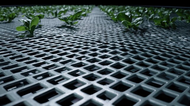 Fresh green plants are growing in a modern hydroponic vertical farming system, showcasing innovative agriculture technology for sustainable food production and efficient urban crop cultivation