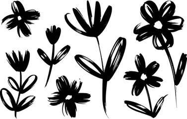 Fototapeta premium Black brushstroke flowers white background, abstract floral