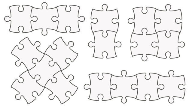 Jigsaw puzzle pieces template with blank frames for infographic design. Vector illustration of interlocking game parts on white background. Modern empty frames for business presentation and