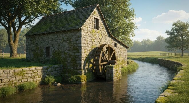 Stone grist mill with waterwheel nestled by a tranquil stream