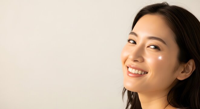 笑顔の日本人女性 斜め右向き 頬に輝き ベージュ背景