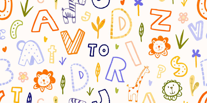Colorful alphabet pattern with animal illustrations and floral elements