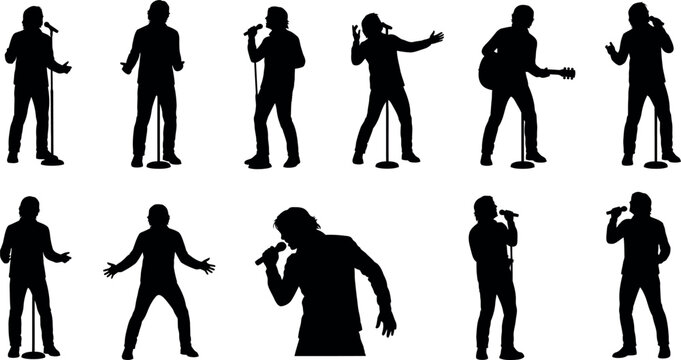 Silhouette of male singers performing on stage with various poses
