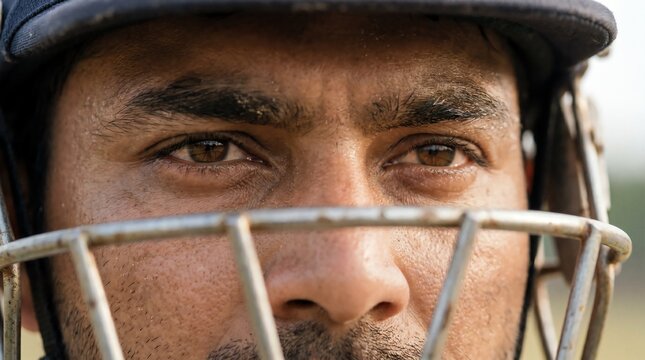 Close-up of a cricket player wearing protective gear.