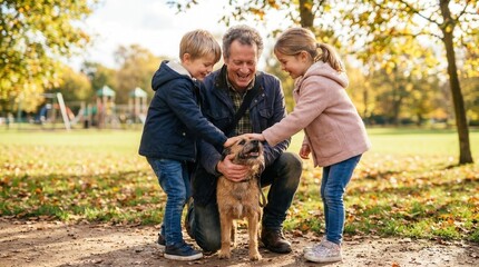 Fototapeta premium Heartwarming encounter: Children meeting a friendly dog and its owner at a sunny public park playground.