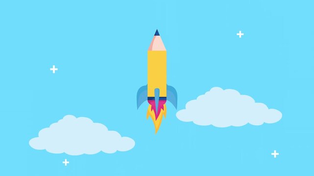 Creative pencil rocket flying upwards through blue sky with cartoon clouds symbolizing educational success and inspiration.