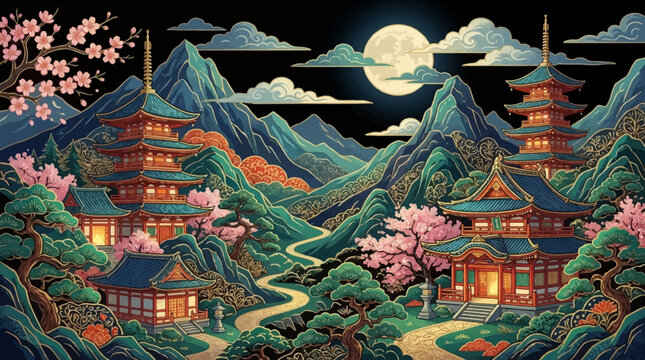 Japanese pagodas under full moon with cherry blossoms and mountains