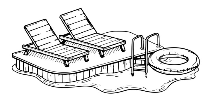 Minimalist poolside illustration with ladder and inflatable ring black background