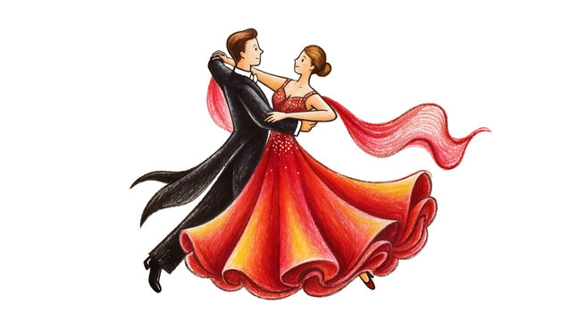Elegant couple dancing ballroom woman in red dress man in tuxedo, isolated on transparent background