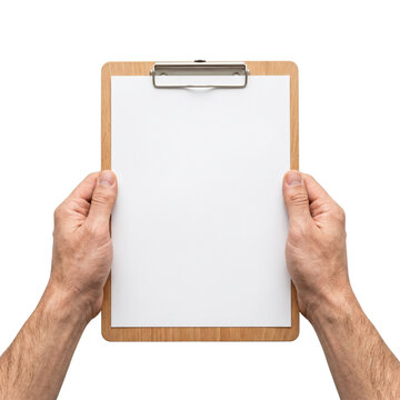 Hand holding wooden clipboard with blank white paper