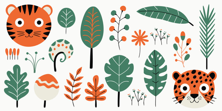 Tiger face and tiger cub with jungle plants, leaves and flowers for kids theme