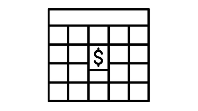 Minimalist financial planning vector icon illustration featuring a clean line art calendar grid with a dollar sign on a specific date, symbolizing payday, budget scheduling, or tax deadlines.