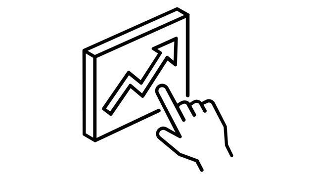 Vector icon illustration of a hand pointing at an upward growth chart on a screen, representing proxy voting, financial success, stock market analysis, business growth, and investment strategy.