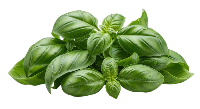 A fresh bunch of vibrant green basil leaves isolated on a solid black background, showing detailed textures and organic shapes of the herb