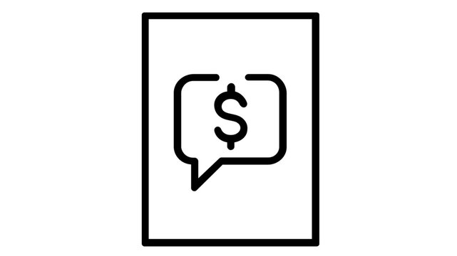Minimalist vector icon illustration of a business document featuring a speech bubble with a dollar sign, symbolizing financial quotations, money-related communication, and commercial invoices.