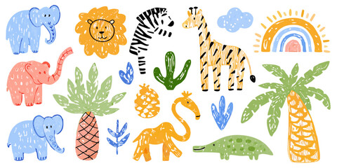 playful safari animals and tropical plants illustration set © Anik
