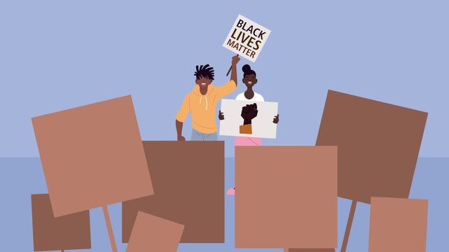 Afro couple holding black lives matter banners during protest demonstration animation footage.