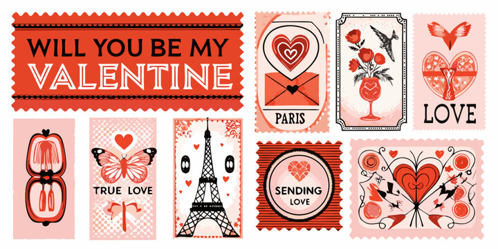 Vintage valentine stamps and hearts collection romantic decorative illustration