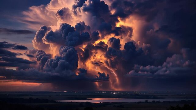 Dramatic lightning bolts flashing inside an epic storm cloud over a vast rural landscape with a lake, creating a breathtaking and powerful display of nature's electrical energy at twilight
