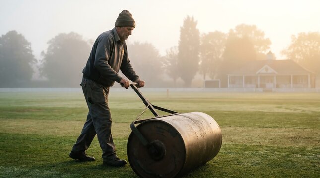 Man rolling out turf on a field.