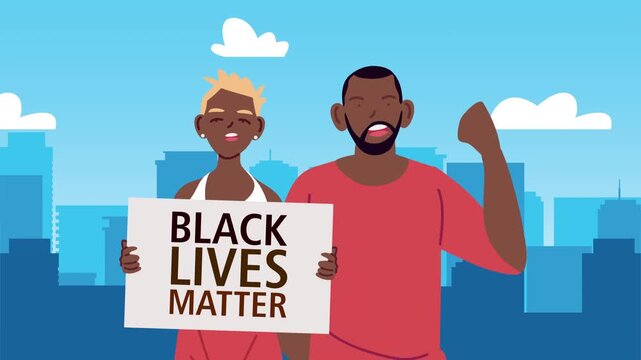 Afro couple protesting for justice with black lives matter banner in city background.