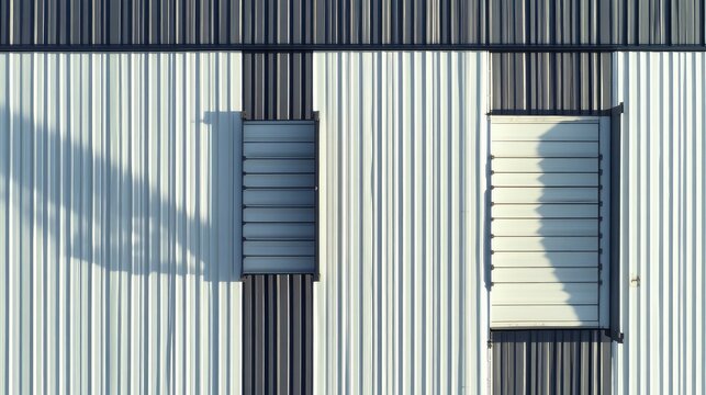 Corrugated metal siding forming abstract geometric patterns on a building wall, featuring two industrial louvred panels with distinct shadows and textures from direct sunlight