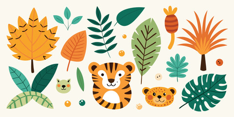 Jungle animals tiger faces and tropical leaves for safari themed design © Sadhin07