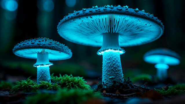 Bioluminescent glowing mushrooms in dark night forest, magical neon blue fungus fantasy landscape
