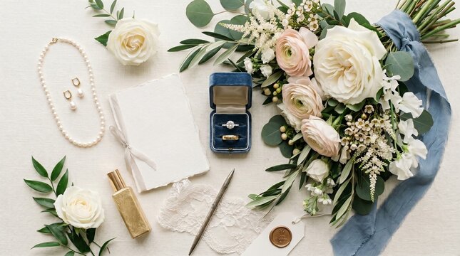 Wedding Bridal Flat Lay: Flowers, Rings, Jewelry, Perfume, and Vows on White Background