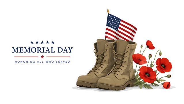 Memorial Day illustration with military boots American flag and red poppy flowers