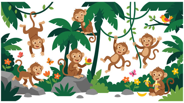 Monkeys playing in a jungle with vines and tropical plants.