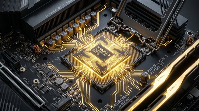 Close-up of Computer Motherboard with CPU Highlighted by Golden Yellow Light