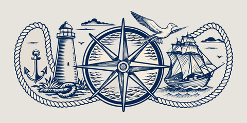 Nautical illustration with lighthouse ship compass and rope details © BelaRani