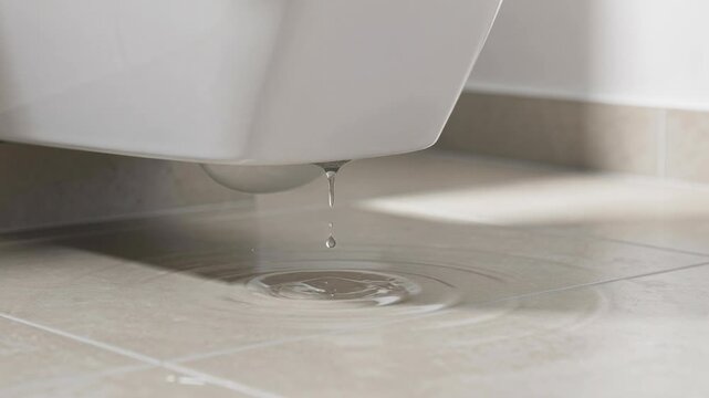 Close up of leaking water dripping from bathroom fixture creating ripples on tiled floor