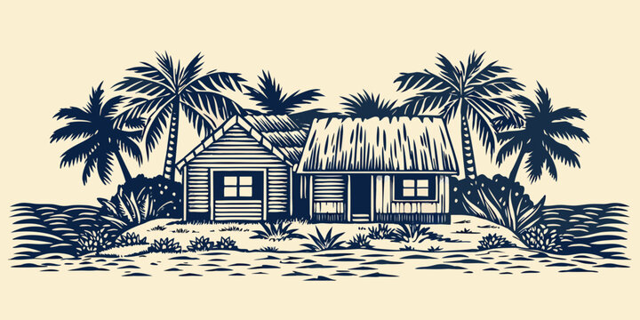 Tropical beach hut illustration with palm trees and foliage