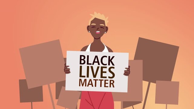 Animated woman holding protest sign black lives matter with other signs in background during demonstration.